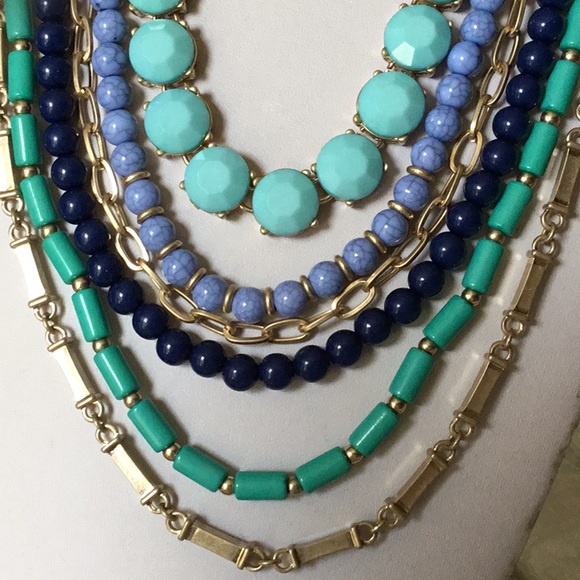 Six Layers Multi blue colors Gold tone Necklace - Picture 2 of 3